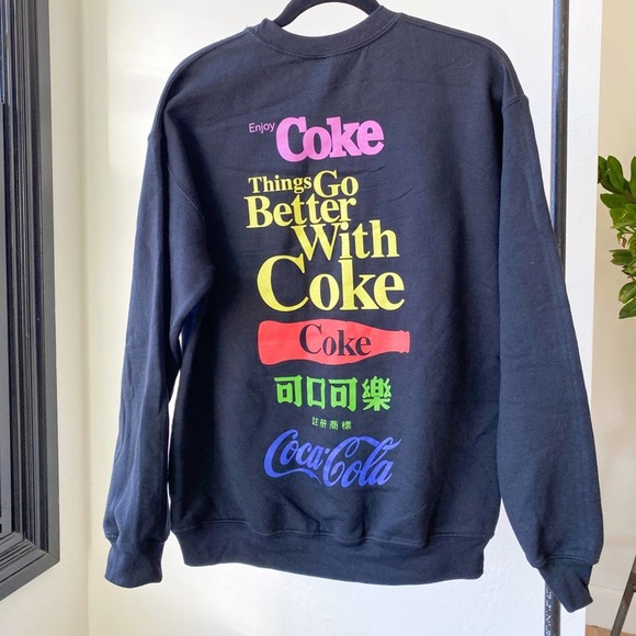 COCA-COLA Unisex Black Multi Logo Crew Neck Fleece Lined Graphic Sweatshirt sz S - Picture 2 of 8